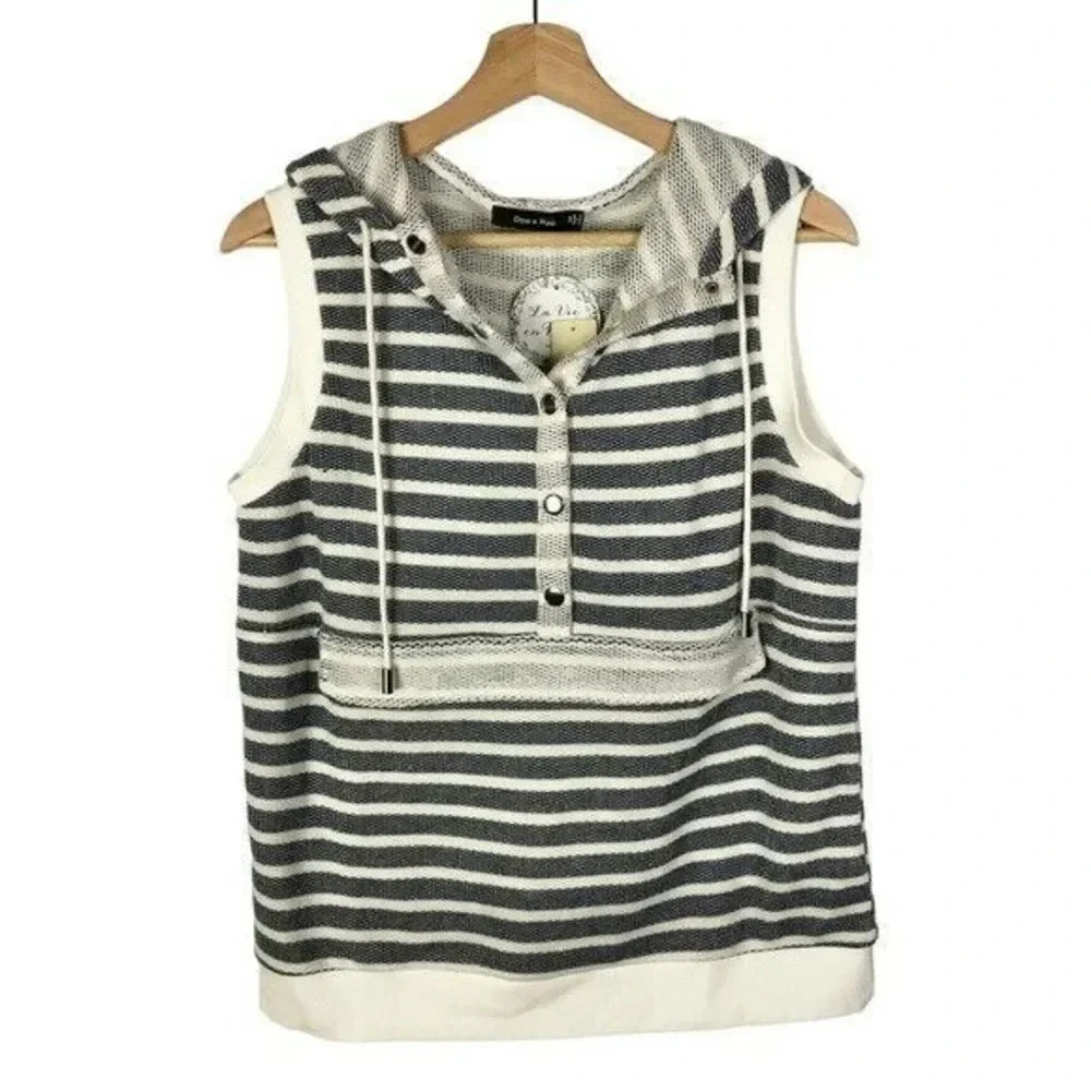 Doe & Rae Blue & White Stripe Pullover Sleeveless Knit Hoodie M